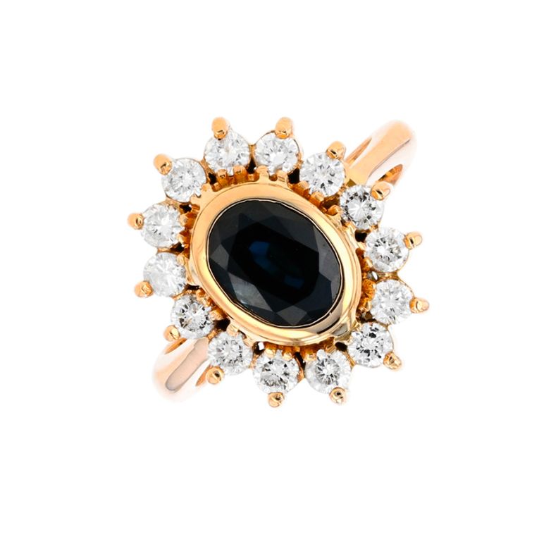 Bague marguerite saphir 1.46 carat et diamants 0.78 carat or jaune 9.62g Comme neuf -  reconditionné disponible sur Gemme Les Bijoux